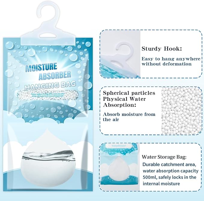 Moisture Absorbers Packets - Hanging Moisture Absorbers Dehumidifier Bags for Closet Bathroom Kitchen, Fragrance Free Humidity Absorber Packs, Removes Moisture & Odors, 12 Pack