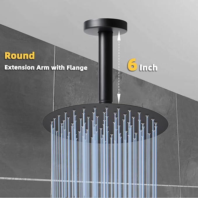6 Inch Shower Arm with Flange, Ceiling Mounted Shower Head Extension Arm, 1/2 NPT Straight Arm for Rain Shower Head, Stainless Steel Shower Head Extension Replacement Pipe Arm,Black