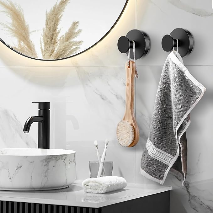 BKV Suction Cup Hooks for Glass Window,Removable Shower Hooks for Inside Shower,Metal Towel Hooks for Bathrooms,4 Pack(Black)