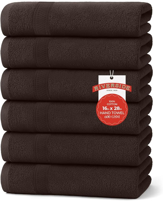 RIVERSIDE 6 Pack Premium Hand Towels Set, 16x28 inches, 100% Ring Spun Cotton, 600 GSM, Soft, Quick Dry and Highly Absorbent, Towels for Bathroom, Kitchen, Gym, Spa - Brown