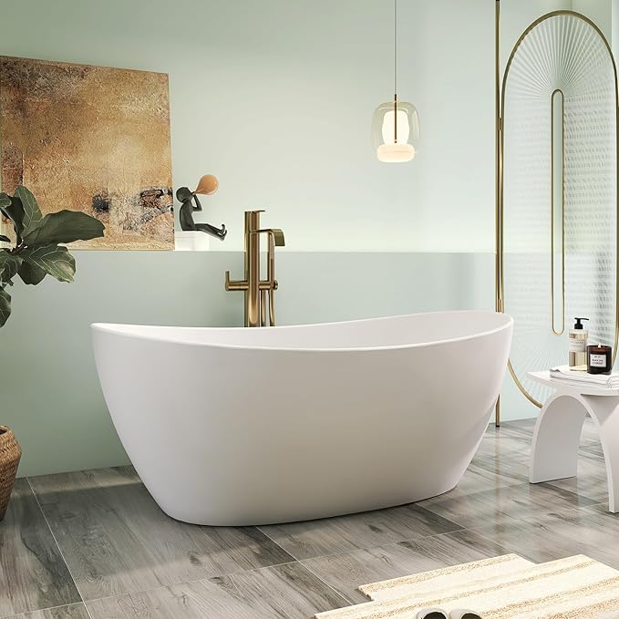 65" Premium Solid Surface Freestanding Bathtub, Contemporary Design Stand Alone Stone Resin Tub with Overflow and Pop-up Drain, Matte White