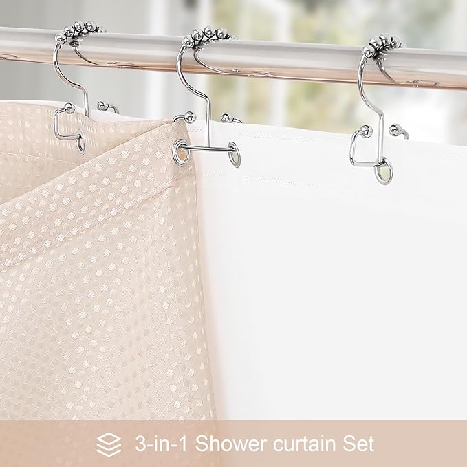 3 in 1 Extra Long Blush Pink Shower Curtain Set-72 W x 84 H, Modern Waffle and PEVA Liner Set with 12 Stainless Steel Hooks, Waterproof Fabric for Bathroom