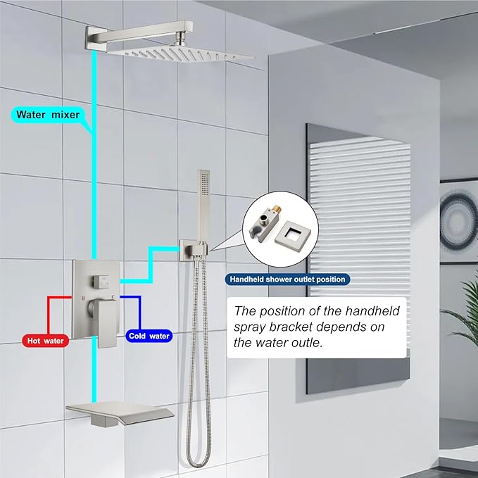 Midanya Rain Shower System with Tub Spout,Tub Shower Faucet Set with rainfall Shower Head and Handheld Spray,Wall Mount Tub Shower Combo Rough-in Valve Included,10 Inch Brushed Nickel