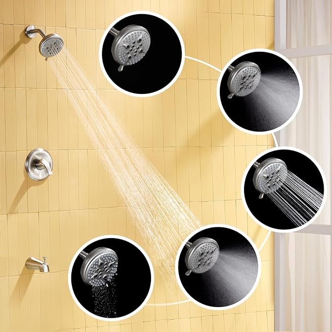 KINSE Tub Shower Faucet Set, 5-Inch Rain Shower Head and Tub Spout Single-Handle with valve kit included, and shower trim kit, Brushed Nickel shower head set