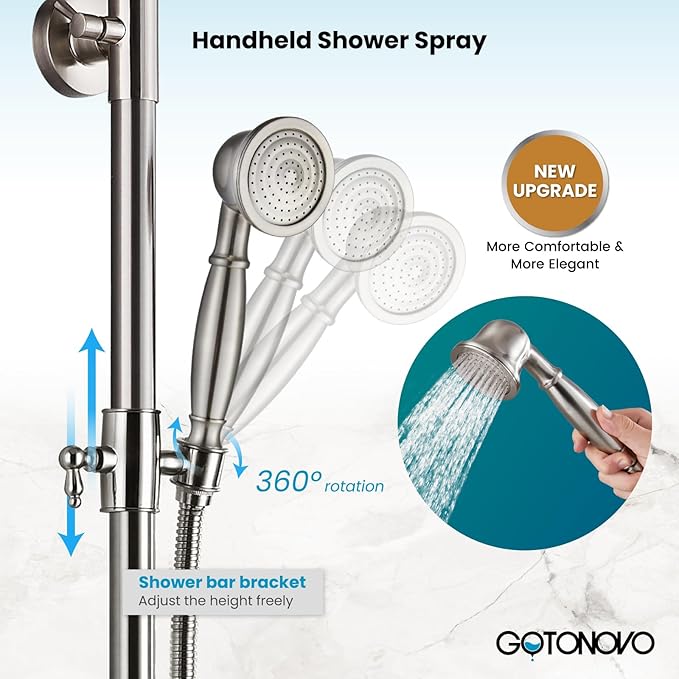 gotonovo Exposed Bathroom Shower System Classic Shower Kit 8 Inch Luxurious Rainfall Shower Head Handheld Spray Tub Filler Brass Pipe 3-Function Wall Mount Double Cross Knobs Brushed Nickel