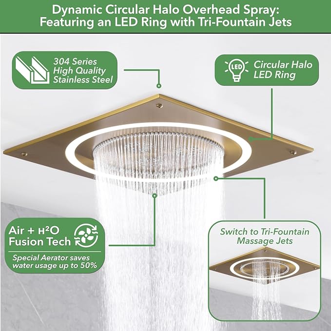 VANFOXLE Shower Faucet Set Brushed Gold Shower System,Shower Faucet with 2 in 1 Handheld,Ceiling Mount 19 Inch Shower Head+14 Inch Shoulder massager