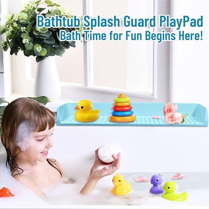 Splash Guard for Bathtub Kids, Longer Silicone Bathtub Splash Guard with 11 Suction Cups, Bath Tub Play Shelf for Kids & Toy Holder, Prevent Water Spill in Bathroom, Blue