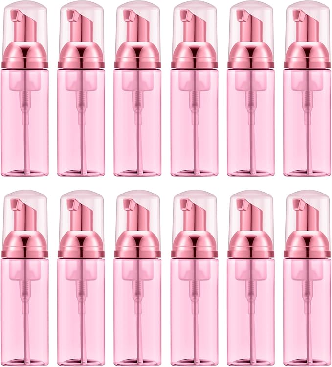 Lil Ray 2 Oz Empty Clear Rose Red Foam Pump Bottle, Travel Foamer Soap Dispenser for Lash Shampoo, Hand Soap, Foaming Cleaner(Rose Red Pump, 12 PCS)