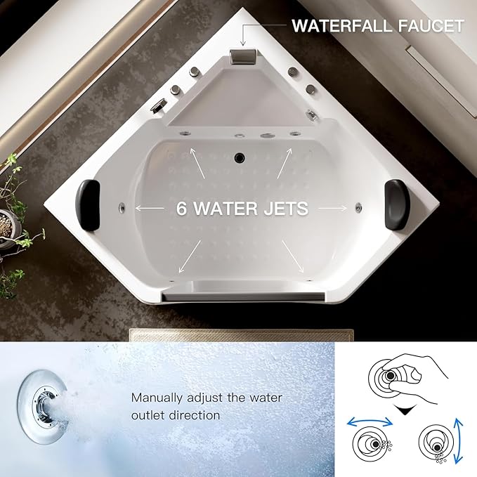 59'' x 59'' Corner Whirlpool Tub- Plastic Acrylic Bathtub with Light,Home Spa Hydromassage with Chromatherapy,Hydro Massage for 2 Person White, ETL Certified