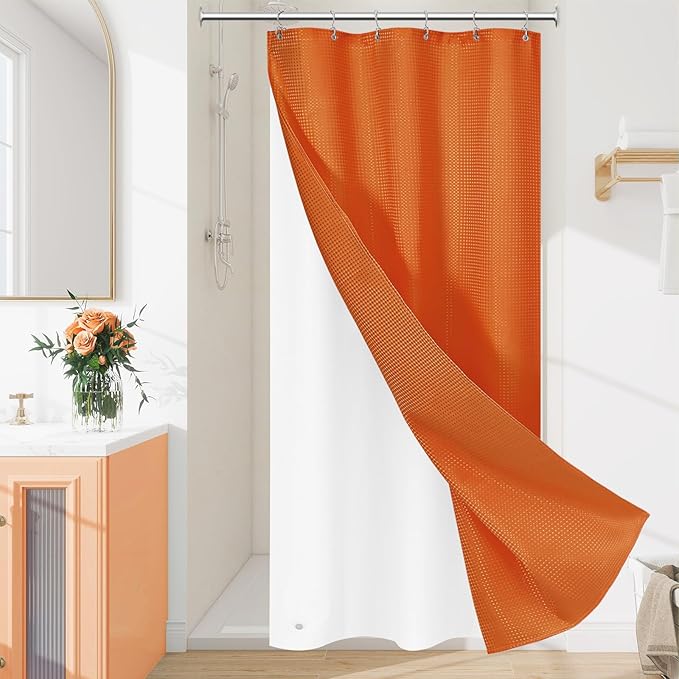 3 in 1 Stall Half Size Burnt Orange Shower Curtain Set-36 W x 72 H, Modern Waffle Waterproof Fabric and PEVA Liner Set with Stainless Steel Hooks