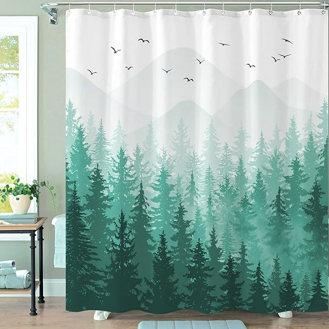 Aipon Teal Misty Forest Shower Curtain Ombre Nature Tree Plants Shower Curtains Fabric Waterproof Mountain Shower Curtain Sets for Bathroom Bath Decor with 12 Hooks (Teal, 72'' × 78'')