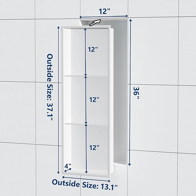 Neodrain 12X36 Inch Shower Niche, White 3-Tier Stainless Cubby NO Tile Needed Recessed Niche Shower for Bathroom Storage, Waterproof Wall Shelf