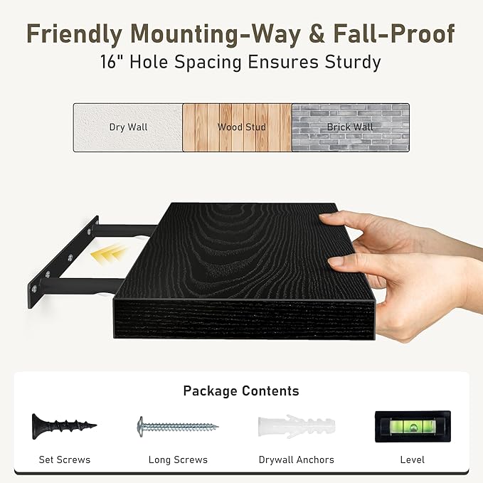 Black Floating Shelves Wall Shelf 48 Inch, 9.3 Inch Deep Floating Shelf for Wall, Farmhouse Black Wood Shelves Invisible Bracket for Living Room, Bedroom, Kitchen, 48 x 9.3 x 1.4 Inch, Set of 2