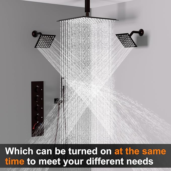 Thermostatic Shower System Three Shower Heads with 16" Ceiling Mounted Rain Shower Head & 2 x 6" Wall Mounted Head 4 Function Shower System Can All Run Together, Oil Rubbed Bronz