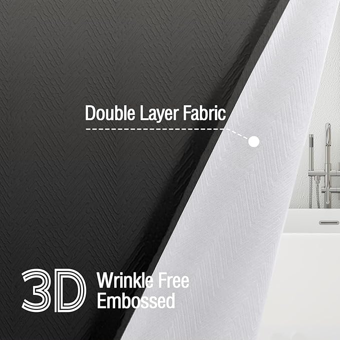 Gibelle Ombre Black Shower Curtain, 3D Embossed Textured Herringbone Fabric Shower Curtain, Modern Farmhouse Bathroom Decor Soft Cloth Shower Curtain Set with Hooks, 72x72