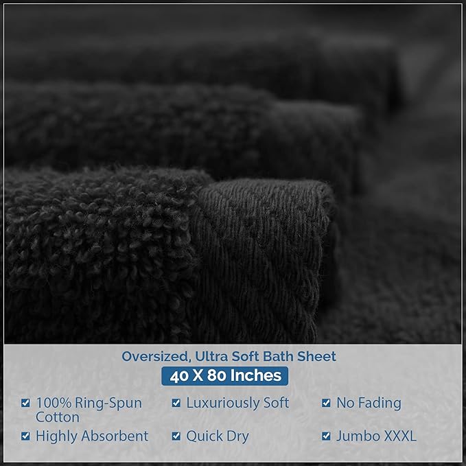 DAN RIVER Pack of 1 Bath Sheet 40x80 Inches, Oversized Black Bath Towels, Fluffy and Thick Extra Large Bath Sheets