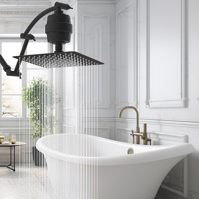 Hibbent All Metal Rain Filtered Shower Head, 10'' High Pressure Rainfall Showerhead with 16" Shower Extension Arm, 20 Stage Shower Filter, Solid Brass Adjustable Shower Arm Extender, Oil-Rubbed Bronze