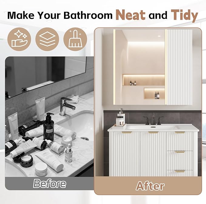 Lighted Bathroom Medicine Cabinet with Mirror，30 x 28 Inch Wall-Mounted Bathroom Wall Cabinet with Storage, LED Lights, Adjustable Shelves,White