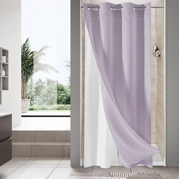 MitoVilla Purple Waffle Small Stall Shower Curtain Liner Set 36 x 74, No Hooks Required Half Size Narrow Fabric Cloth Shower Curtain Set with Snap-in Liner for Modern Bathroom Decor, Lavender