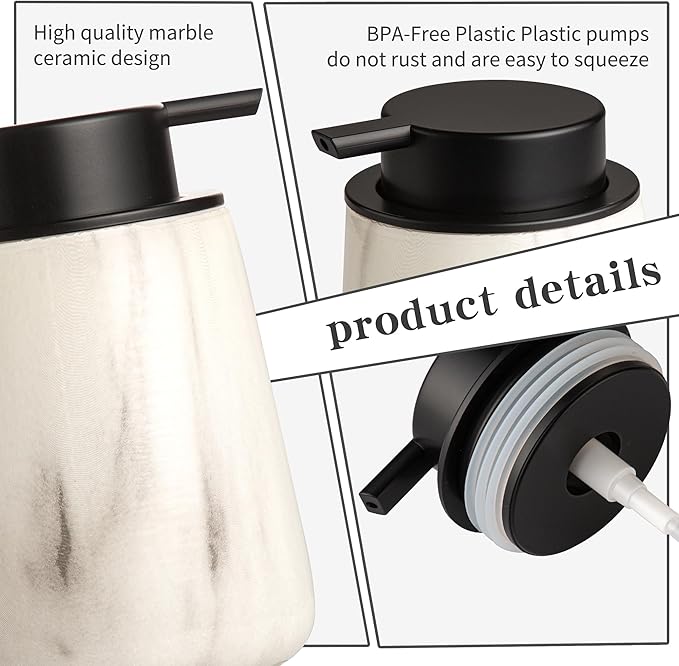 Enra Ceramic Foaming Soap Dispenser,12 oz Marble Foam soap Dispenser Bathroom Refillable Hand Soap Dispenser for Bathroom Kitchen with Easy-to-Press Pump(Marble Foam Type)