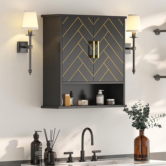 Black Chevron Pattern Bathroom Wall Cabinet, Modern Hanging Medicine Cabinet with Gold Hardware, Space-Saving Over Toilet Storage Organizer (23 5/8" x 22 7/8" x 15 3/4")