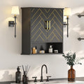 Black Chevron Pattern Bathroom Wall Cabinet, Modern Hanging Medicine Cabinet with Gold Hardware, Space-Saving Over Toilet Storage Organizer (23 5/8" x 22 7/8" x 15 3/4")
