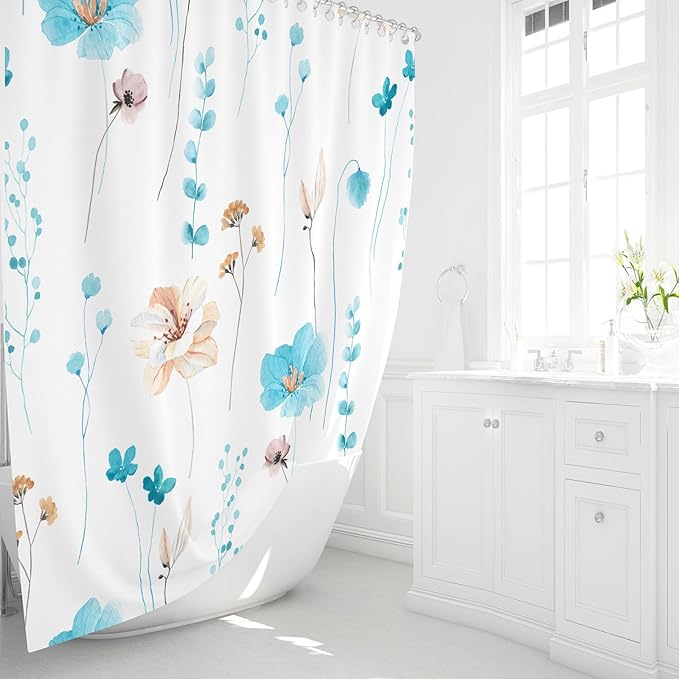 Gibelle Watercolor Floral Shower Curtain, Light Blue Beige Flower Shower Curtain for Bathroom, Modern Minimalist Waterproof Fabric Shower Curtain Set 72x72 Inch