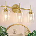 3-Light Bathroom Light Fixtures, 19.5 Inch Brushed Gold Vanity Lights with Wine-Glass Shape, Bathroom Lights Over Mirror, Modern Wall Lamps for Bedroom Living Room Hallway