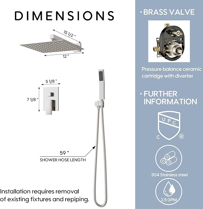 WELLFOR 12-In Wall Mounted Rain Shower Faucet with Single Handle and Handheld Spray, Waterfall Dual Head Shower Head System with 2-way Diverter, Pressure-balanced Valve Included, Brushed Nickel
