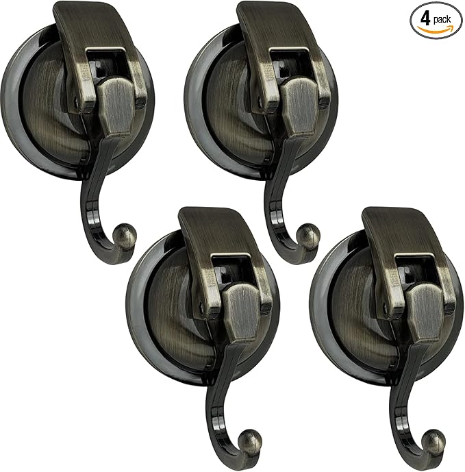 Heavy Duty Vacuum Suction Shower Hooks - Glass Suction Cup Bathroom Robe Hooks, Reusable, No Hole Punched - Bronze, 4 Pack