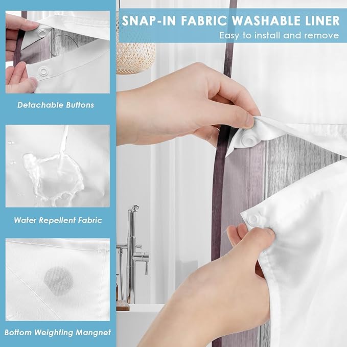 No Hook Flower Daisy Shower Curtain with Snap in Fabric Liner Set, Pink Rustic Farmhouse Double Layers Waterproof Fabric with See Through Top Window Open Grommet Bath Curtain 71x74 Inch