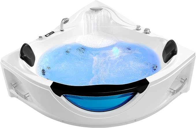 Empava 2 Person Whirlpool Bathtub,Corner Jetted Bathtub with Heater,Corner Jetted Tub with Light,Spa Bath tub with 10 Jets,Hydro Massage Tub with Chromatherapy,ETL Certified