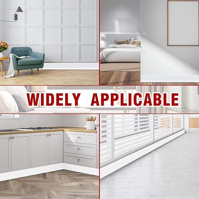 Vinyl Baseboard Molding Trim 4 Inch x 60 Feet Peel and Stick Baseboard Trim Flexible PVC Cove Base Moulding Self-Adhesive Trim for Garage Bathroom Cabinet Floor Walls, White
