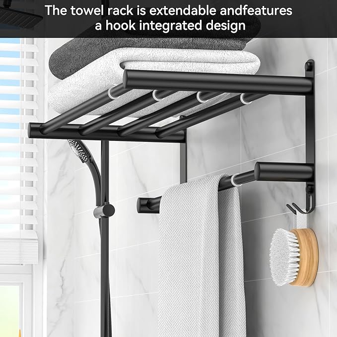 Black Adjustable Towel Bar for Bathroom Wall Mount17-30.7inch Adhesive Shower Towel Rack Stainless Steel Bath Towel Holders for Toilet Kitchen Double Towel Hanger (Black 2-Layer Towel Rack)