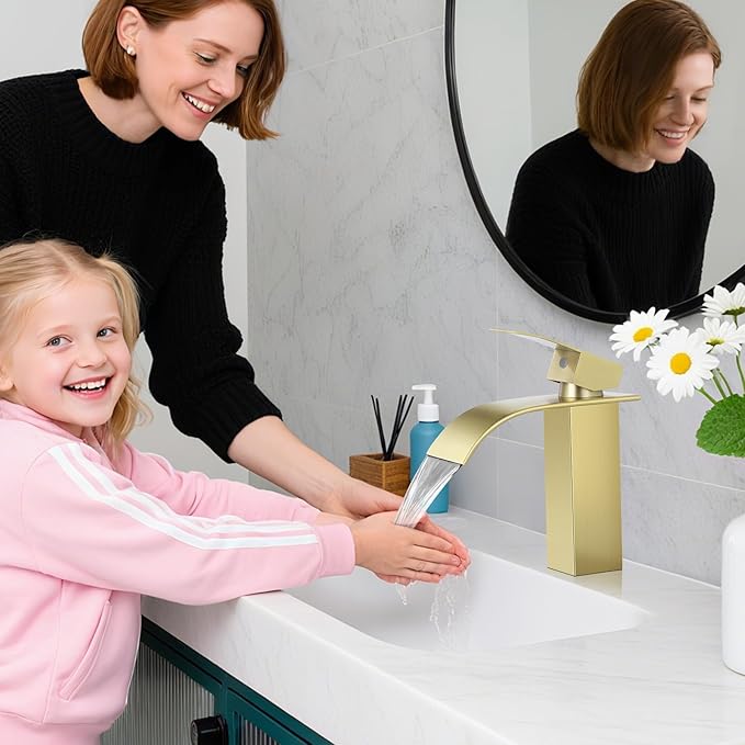Bathroom Faucets Brushed Gold Waterfall Bathroom Sink Faucet Modern Single Handle Bathroom Faucet for 1 or 3 Hole Mxier Tap Washbasin Faucet with Deck, Pop-up Drain and Supply Hoses 2 Pack