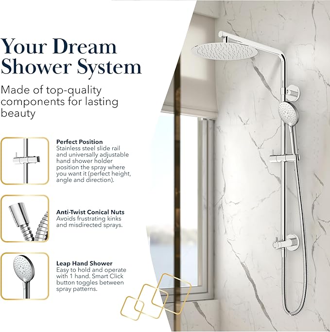 BATH ROYALE Rain Shower Head & Detachable Handheld Spray Combo, Easy Install & 3 Spray Modes, Brushed Gold