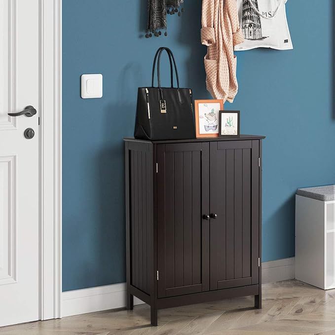 Tangkula Freestanding Storage Cabinet with Double Doors and Shelf, Modern Home Furniture, Wooden Home Organizer for Living Room, Bathroom Storage, Brown