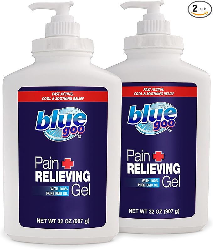 Blue Goo Pain Relieving Gel – for Back/Neck, Muscle/Stiff Joints Pain, Sprains, Strains, Fast-Acting, Cooling+Soothing Relief, Made w/ 100% Pure Emu Oil, 32 oz (2 Pack)