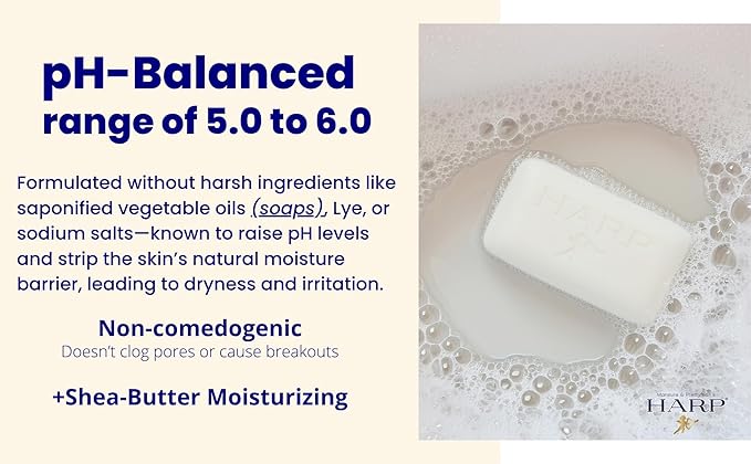 HARP pH-Balanced (5.0-6.0) Body Wash Bar. 100% Syndet. Protects Moisture Barrier For Sensitive, Dry or Irritated skin. + Shea Butter/Borage Oil. Non-Comedogenic. FRAGRANCE FREE