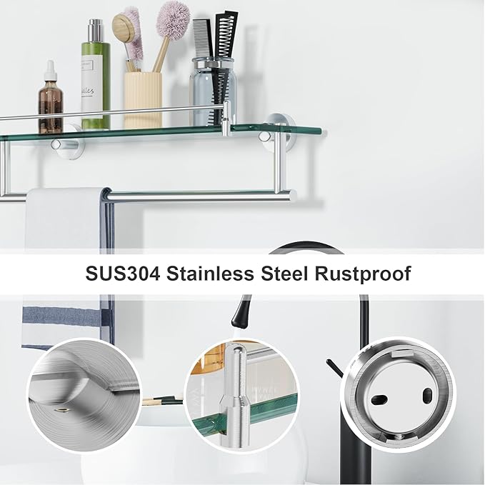 20-Inch Tempered Glass Bathroom Shelf with Towel Bar - Brushed Nickel & Stainless Steel, Wall Mount Rustproof Tower Holder with Shelves