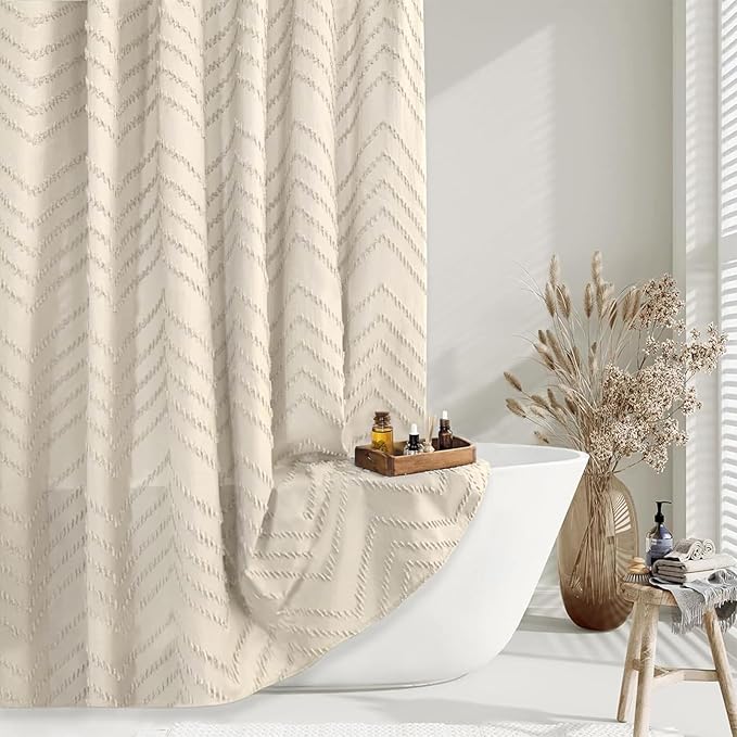 Beige Boho Fabric Shower Curtain 60 x 72 Modern Shabby Chic Textured Tufted Chevron Striped Minimalist Cloth Bathroom Shower Curtain