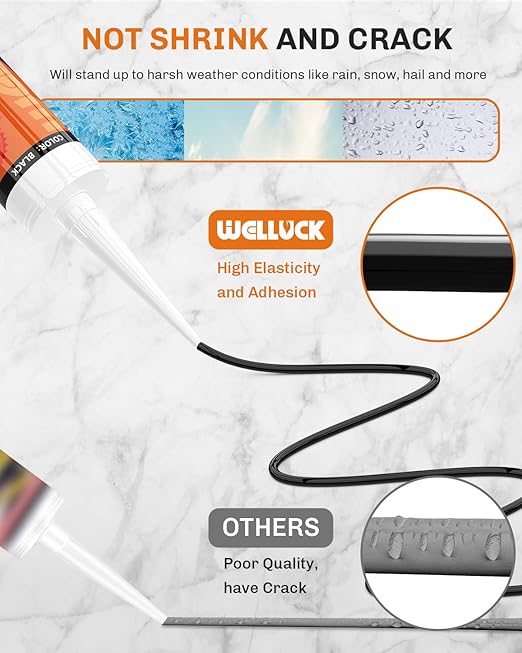 WELLUCK Black Silicone Caulk, 100% Waterproof Silicone Sealant Adhesive Caulking,for RV, Kitchen,Bathroom, Window, Door, Glass,10.2FL.OZ/300ML（1 Pack）