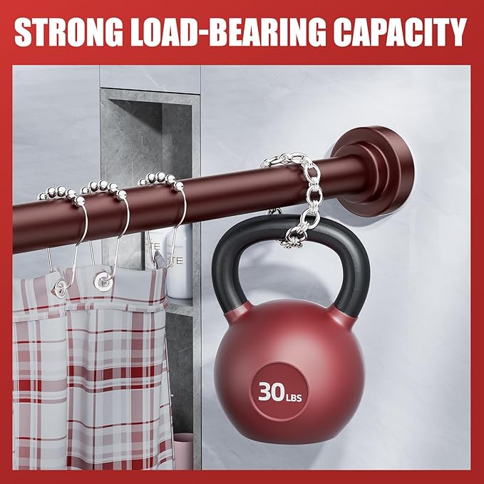 Ausemku Shower Curtain Rod - 32-104 Inch Rustproof Tension Rod, Non-Slip Spring Design, No Drilling Adjustable Curtain Rod for Bathroom, Kitchen, and Closet（Brown）