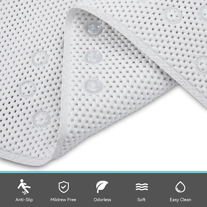 Double Layer Foam Non Slip Bathtub Mat 37x17in, More Comfortable and Thicker Tub Mat Than Ordinary Foam Shower Mat, Bath Mat for Tub with Suction for Comfort and Safety (White, 36'' x 17'')