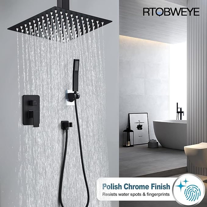 10 Inch Shower Faucet Set Ceiling Mount, High Pressure Rainfall Shower System, Square Rain Shower Spray Combo Luxury Shower Fixtures Matte Black