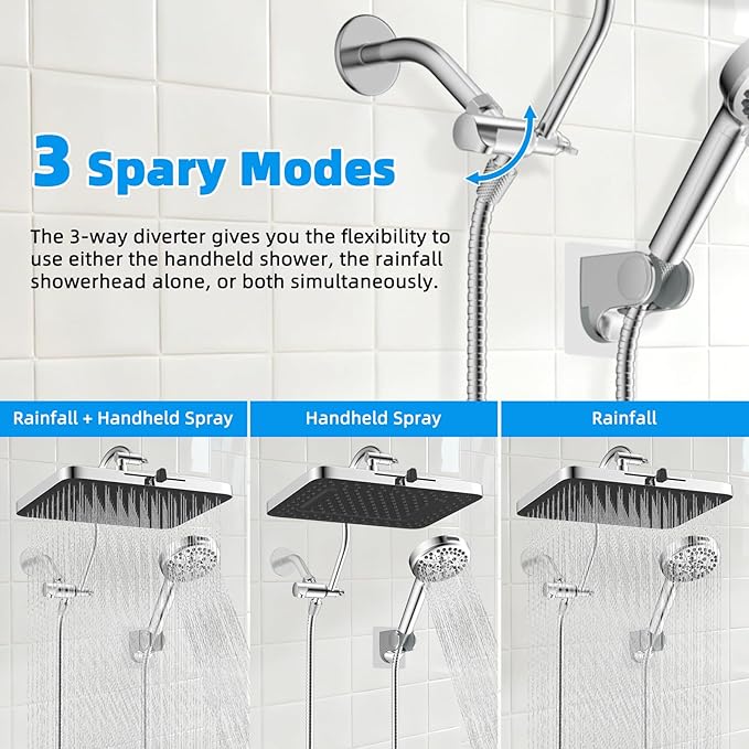Hibbent cUPC Certified High Pressure 13'' Dual Shower Head Combo with 10-mode Handheld Spray, Upgraded Rainfall 5-spray Shower Head, 12'' Adjustable Extension Arm, 71'' Hose, Showerhead Holder, Chrome