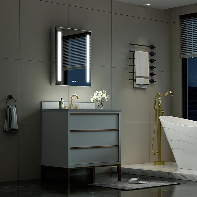 WELLFOR 24" X 30" LED Medicine Cabinet with Mirror, Single Right Opening Door, Recessed or Surface Cabinet Mirror, Bathroom Mirror Cabinet, Medicine Cabinet with Lights with Outlets & USB Ports