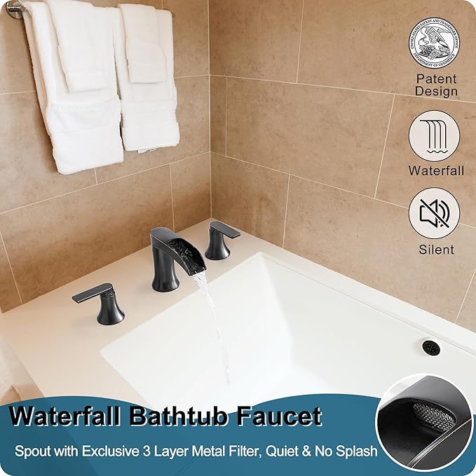Oil Rubbed Bronze Waterfall Tub Faucet 3 Hole, Brass High Flow Roman Bathtub Faucet, Widespread Bathtub Faucets 6-16 Inch 2 Handle Deck Mount