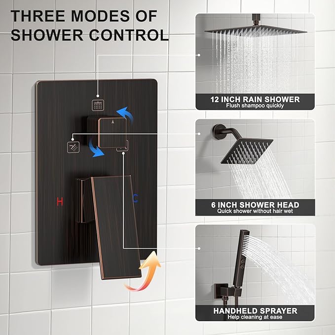 Shower Faucet Set, Ceiling Mount Shower System 12"+6" Dual Shower Head Set with 2 in 1 Handheld Spray Rain Shower Heads with Rough-in Valve and Shower Trim Kit, Oil Rubbed Bronze
