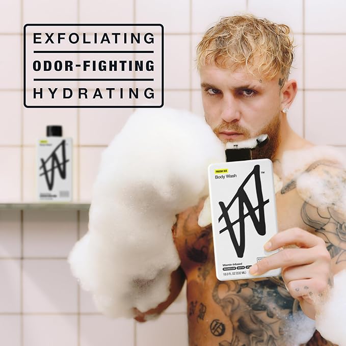 W By Jake Paul Body Wash for Men, Exfoliating Shower Gel with Jojoba Oil, Deep Clean Hydrating Mens Bodywash, Fresh Ice Scent, 18 fl oz